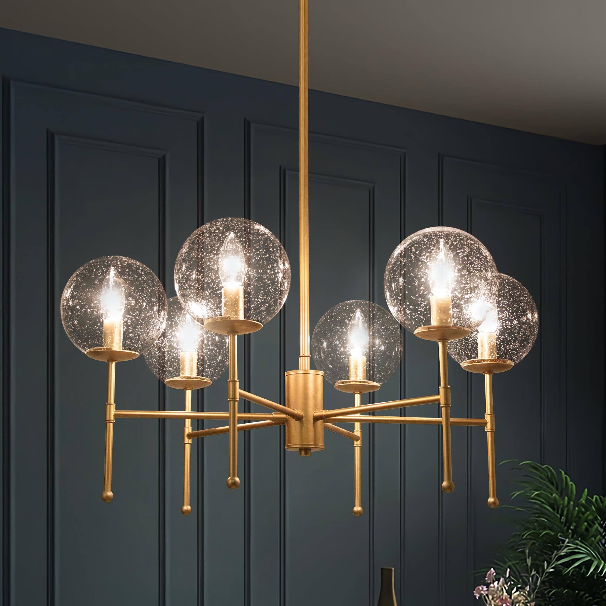 Koini Mid-century Modern 6-light Orb Glass Chandelier Wheel Hanging Lights for Dining Room - D26'' x H90''