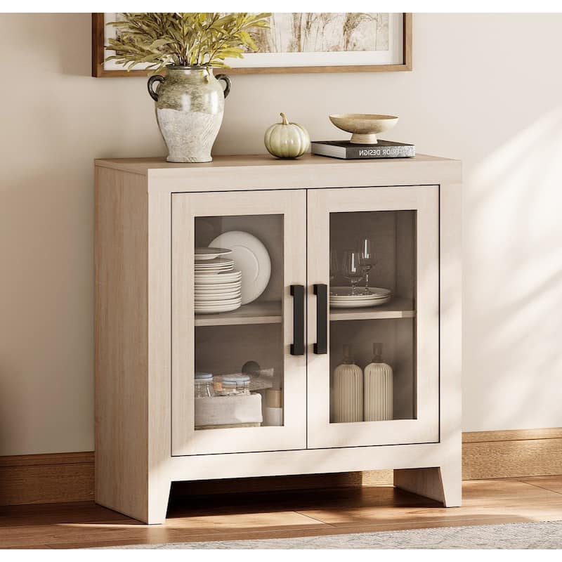WAMPAT Modern Farmhouse Modular Buffet Cabinet, Glass Door Sideboard with Adjustable Shelves - Beige - 31 inches in width