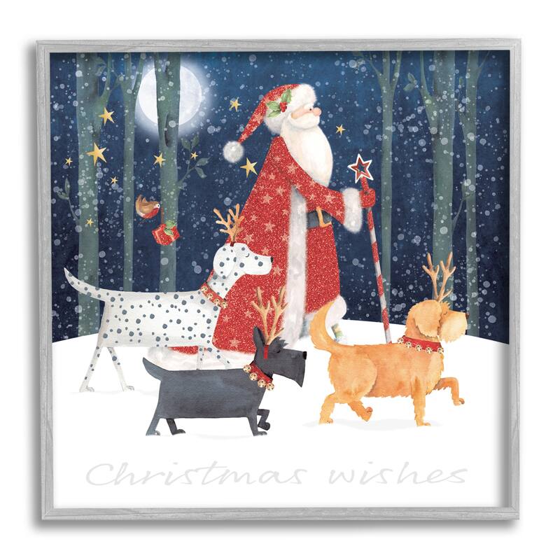 Stupell Cheery Christmas Night Santa & Dogs Snowy Scenery Framed Wall Art - Multi-Color - 12 x 12 - Grey