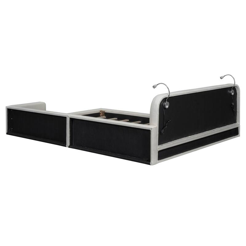 Queen Size PU Upholstered Platform Bed with 2 Reading Lightse