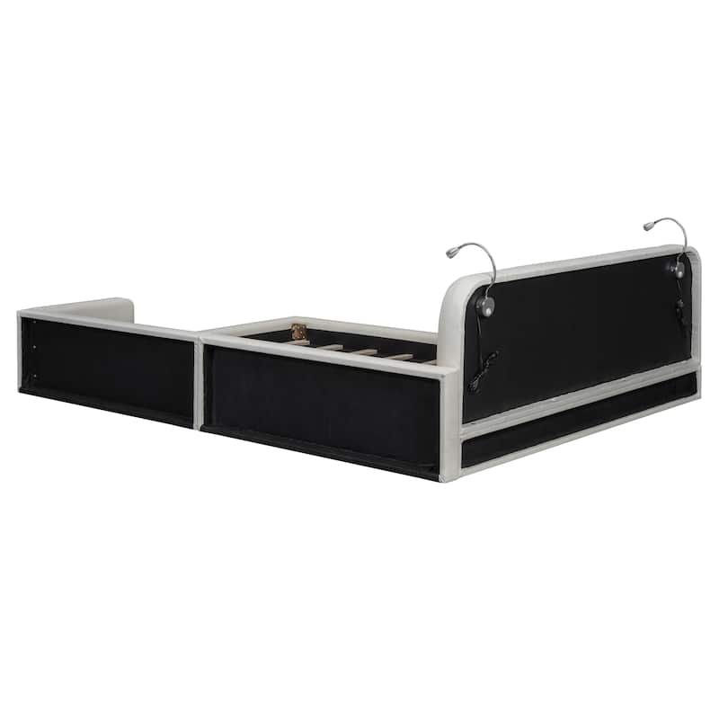 Queen Size Upholstered Platform Bed with 2 Reading Lights, Premium PU Leather Floor Bed Frame with Wooden Slats Support