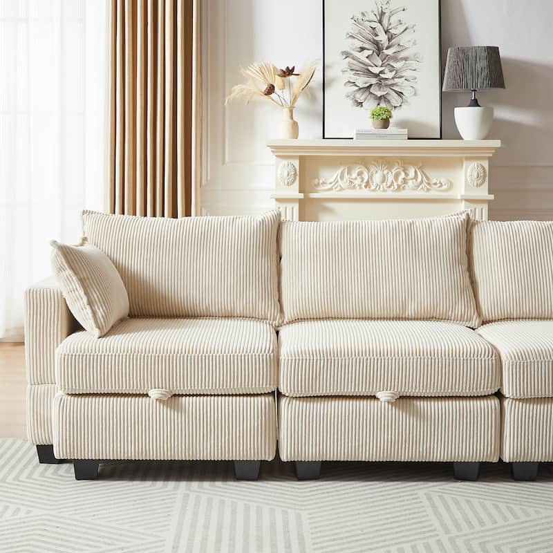 Beige 6-Piece Convertible Corduroy Modular Sectional Sofa with Storage & Ottomans
