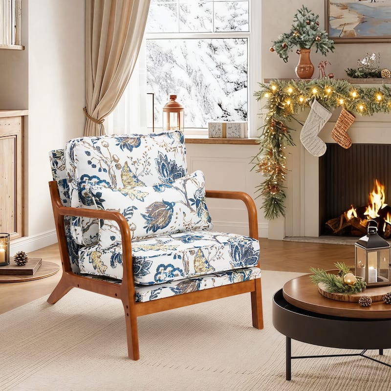 EROMY Mid-Century Modern Accent Chair - Solid Wood Frame Armchair for Living Room, Lounge, or Balcony - Linen Fabric - Blue Flower