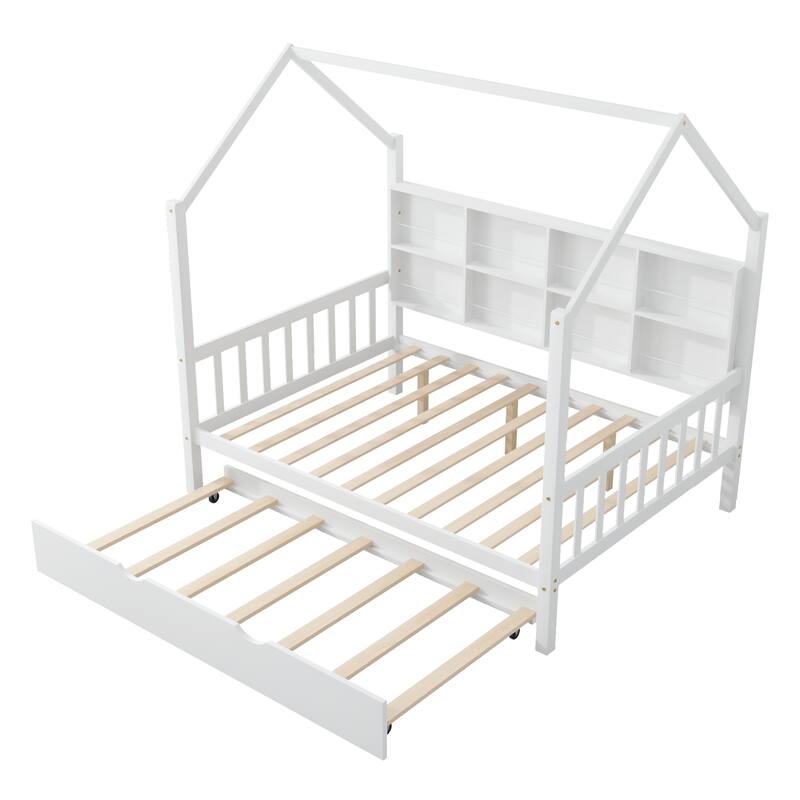 Wooden House Bed with Trundle and Shelf