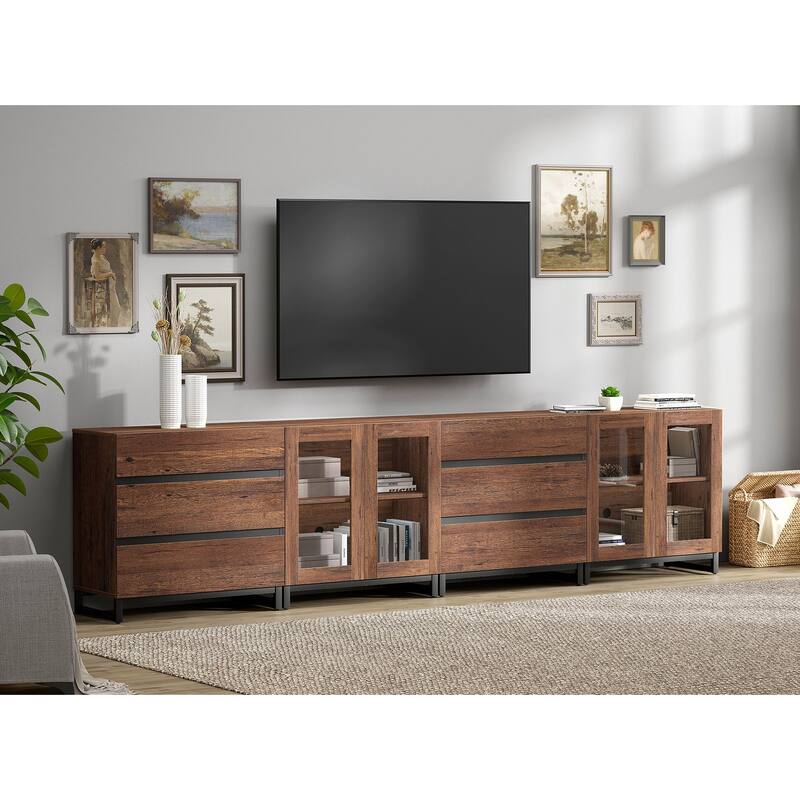 4 in 1 TV Stand for 120" TVs, Console with Glass Doors & 6 Drawers, Entertainment Center - 126 inches - Brown