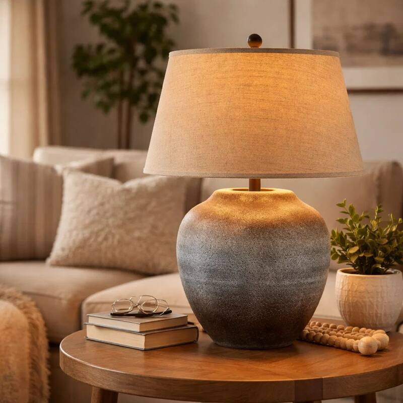 Buen 28 Inch Hydrocal Table Lamp, Drum Shade, Urn Base, Gray Rust Frost