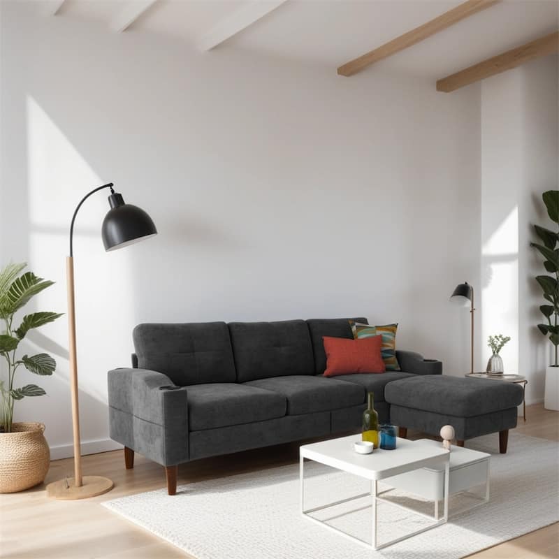 3-Seater L-Shaped Sectional Sofa with USB Port and Storage - Dark Gray