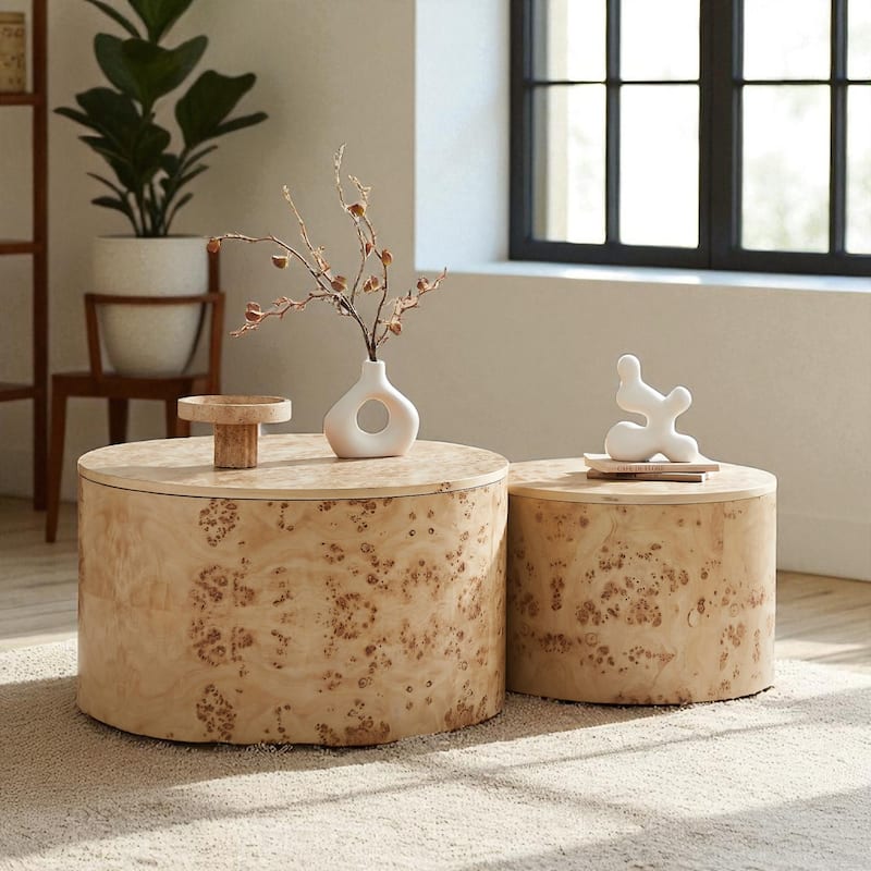 Nested Round Coffee Table Set, 2-Piece Burl Wood Veneer Storage Tables with Adjustable Feet, Modern MDF