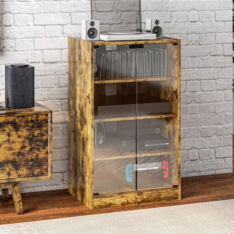 4 Tier Wood Cabinet with Adjustable Shelves,Tempered Glass Doors - Rustic Brown