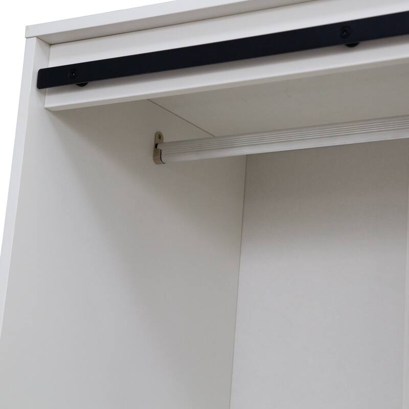 Classic Sliding Barn Door Wardrobe Bedroom Armoire Closet Clothing Storage Cabinet with Hanging Rod, Drawers & Open Shelves