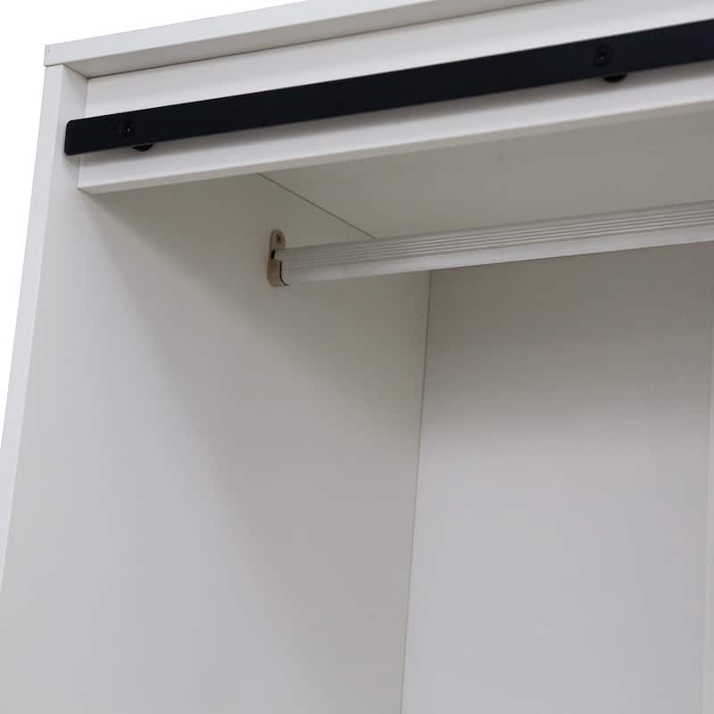 Tall Armoire Wardrobe Closet with Hanging Rod Barn Door 4 Drawers and 3 Open Shelves MDF Bedroom Storage Cabinet