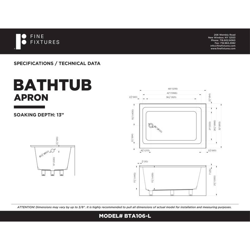 Fine Fixtures Acrylic-Fiberglass Soaking Bathtub, White. Alcove/Apron Front