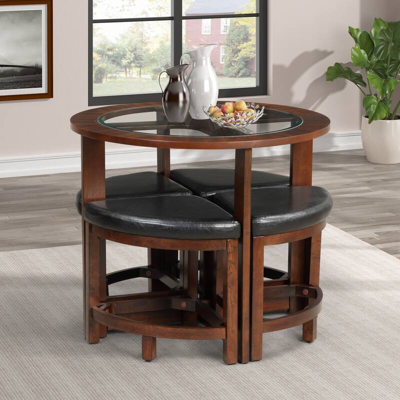 Glass Top Round Dining Table Minimalist Coffee Table & Chairs Set with 4 Backless Padded Seat Chairs