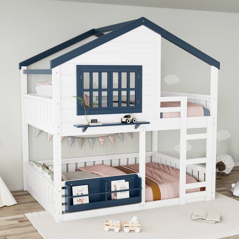 Full/Twin Bunk Bed with Bookshelf, House Design Loft Bed with Safety Fencing, High-Quality Kids Bed Frame