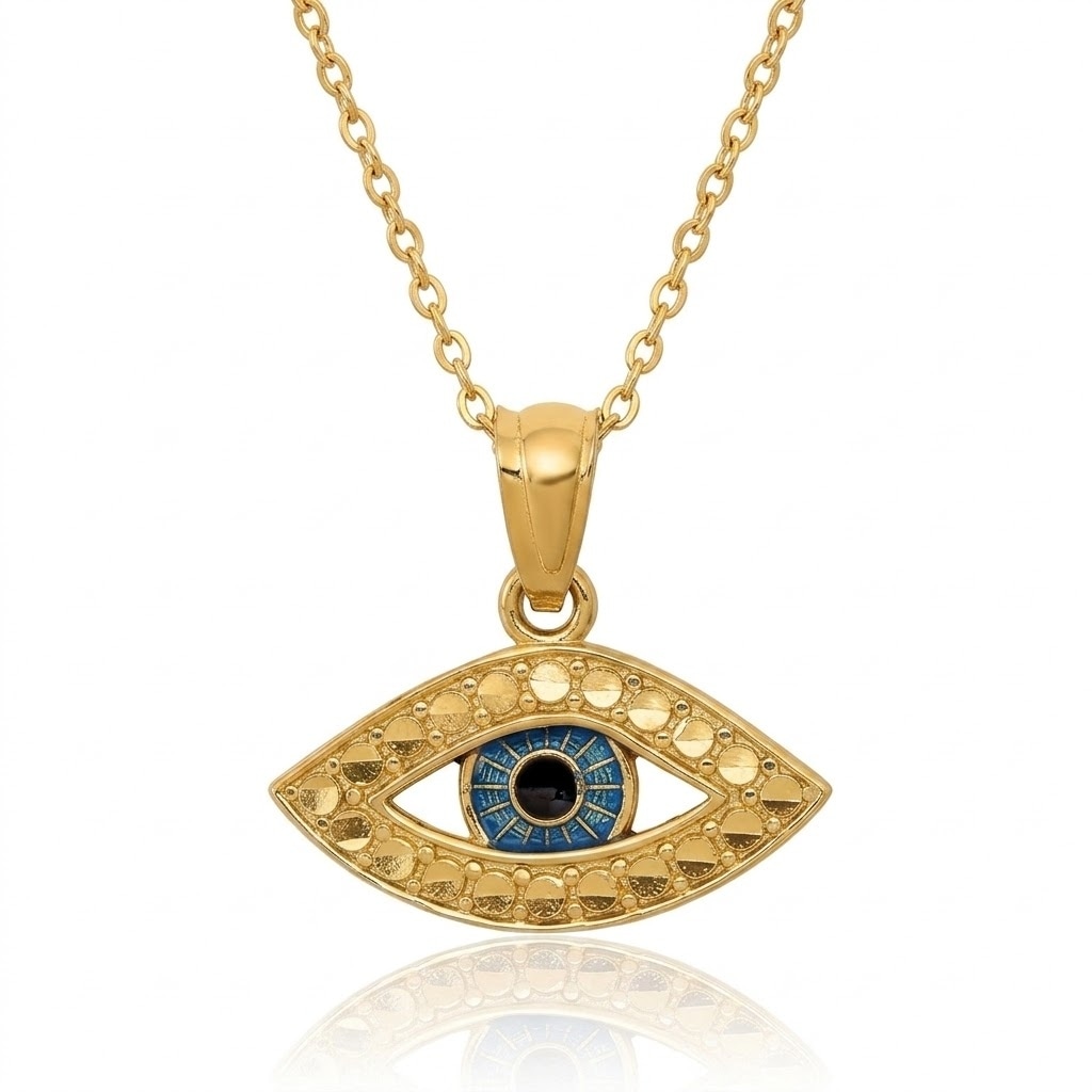 Curata 14k Yellow Gold 18" 15mm Small Blue Enamel Evil Eye Protection Necklace
