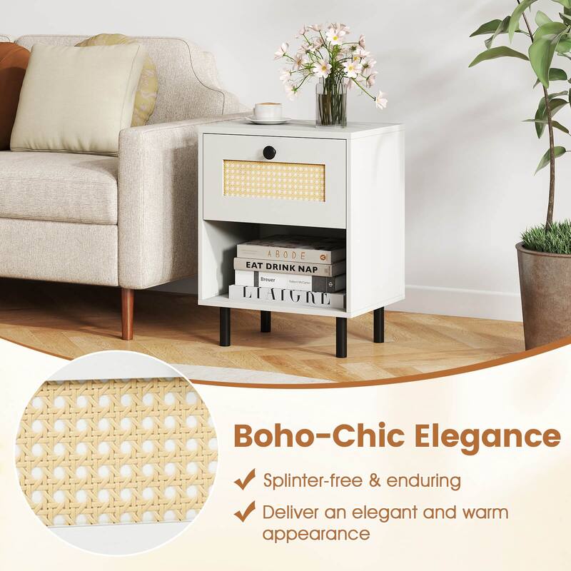 Costway 1/2 PCS Rattan Nightstand Boho End Table with Drawer & Open - See Details