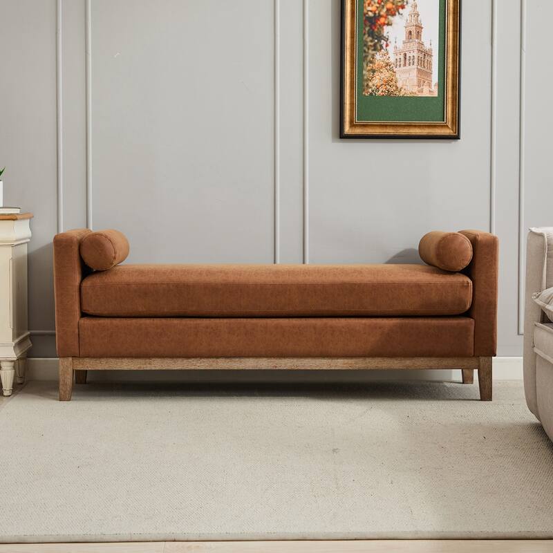 66.34"W Elegant Upholstered Bench with Pillows for End of Bed, Bedroom, Living Room - Brown+Weathered - PU