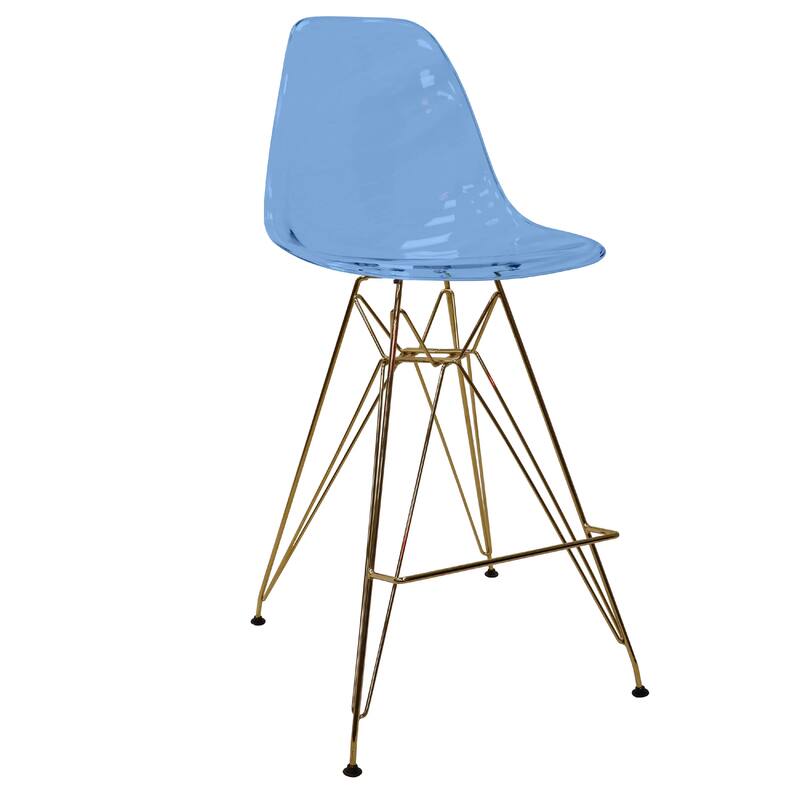 Cresco Modern Ergonomic Acrylic Gold Finish Steel Frame Barstool with Footrest, Sleek Design for Kitchen or Home Bar Seating - Transparent Blue