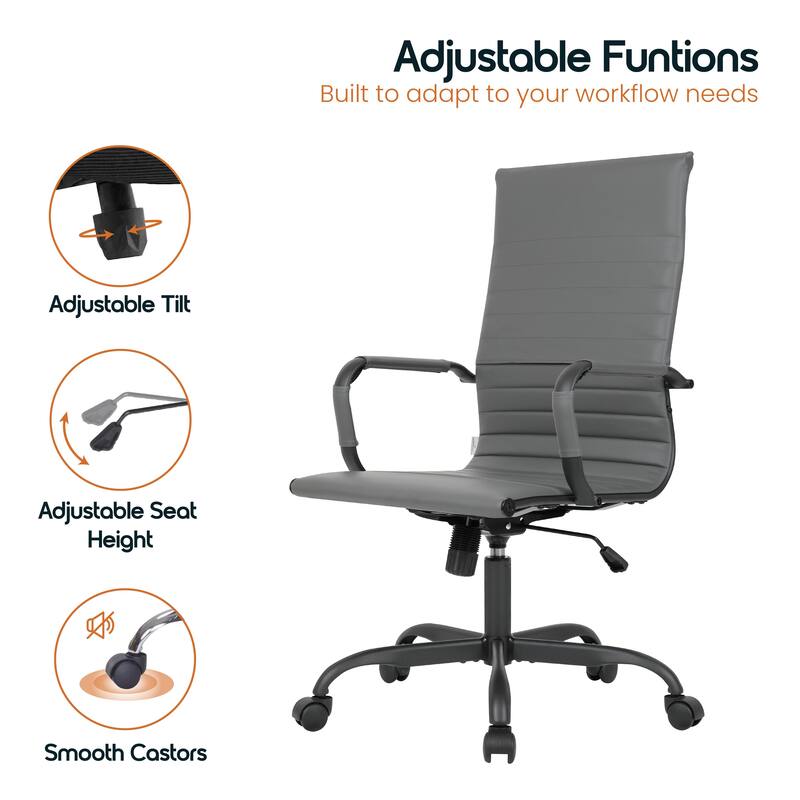 Harris Ribbed Leather Adjustable High-Back Computer Desk Office Swivel Chair in Black Metal Frame for Home Conference