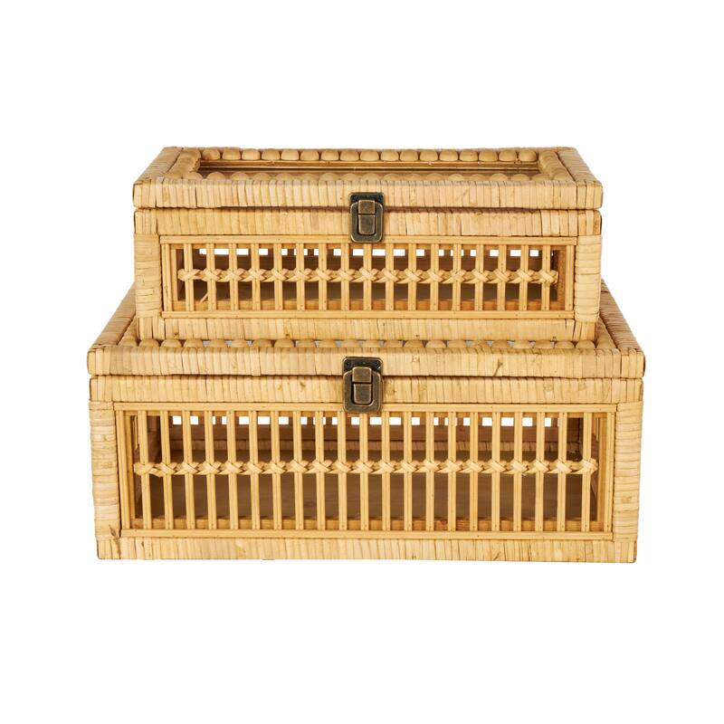 Brown Rattan Handmade Woven Storage Decorative Box with Glass Top and Bronze Latches (Set of 2) - 10"W x 15"L x 6"H