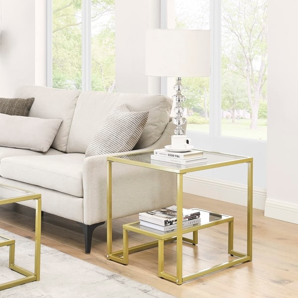 Table Square Glass End Table with Clear Tempered Glass Top and Storage