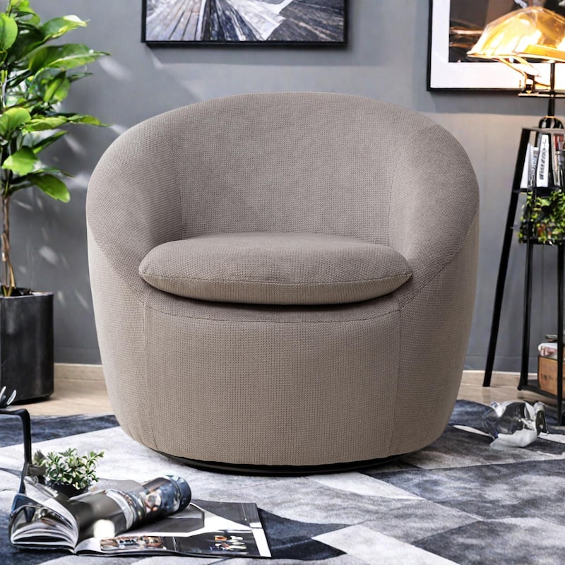 Fabric 360° Swivel Barrel Chair with Round Metal Base, High-Density Foam Cushion, and Modern Design - Gray
