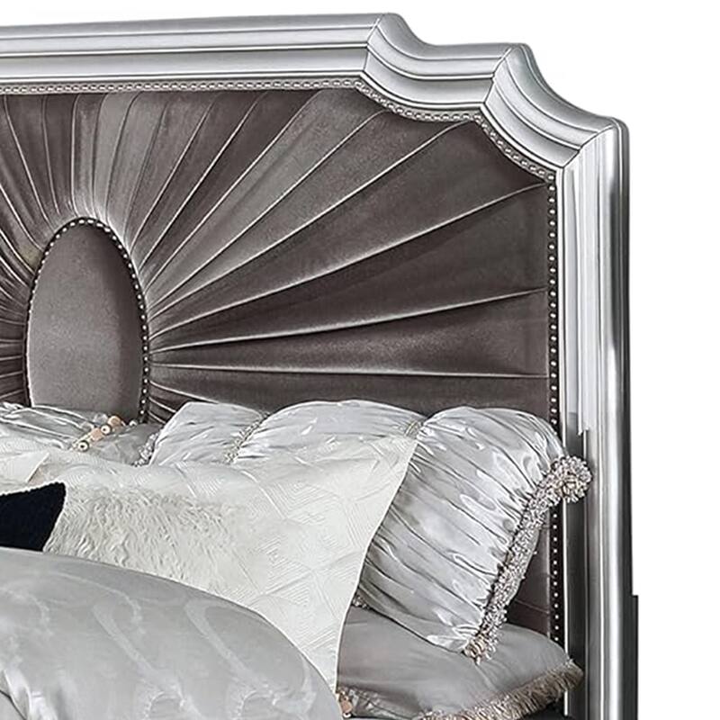 Xan King Bed, Silver Wood, Gray Pleated Velvet Upholstery
