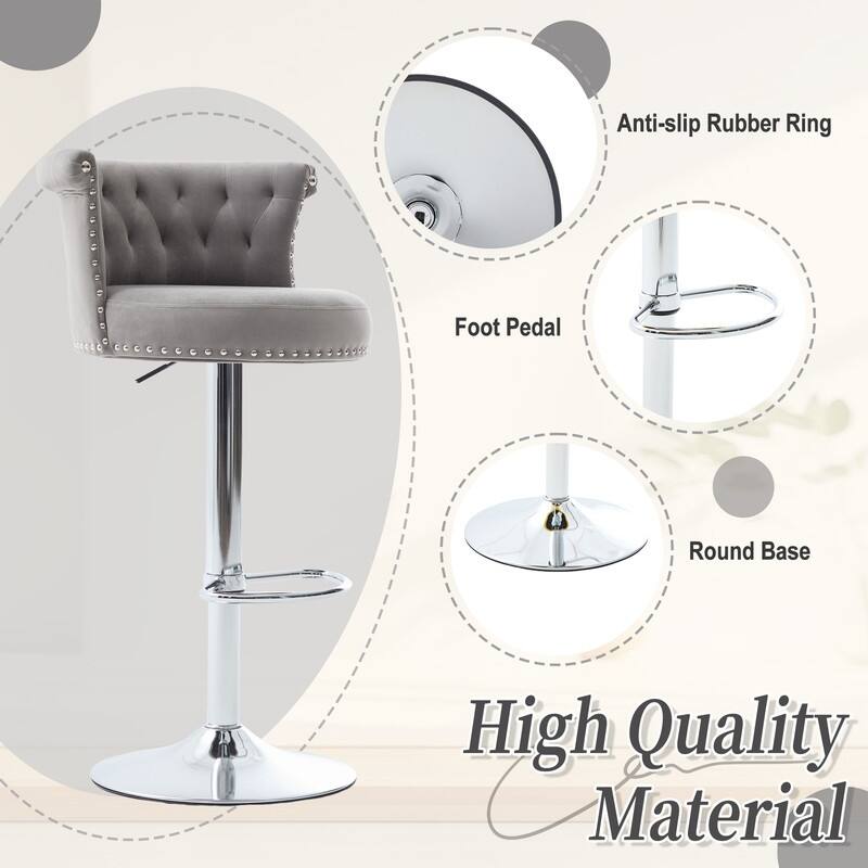 Set of 2, Adjustable Swivel Velvet Bar Stools with Silver Plated Metal Leg