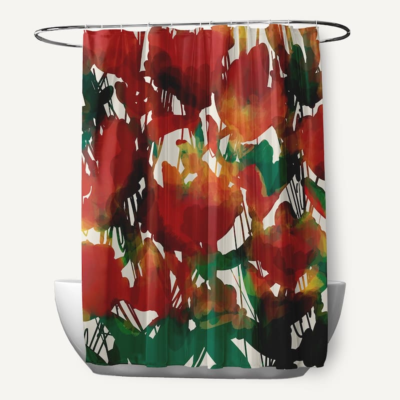 71 x 74-inch Abstract Floral Print Shower Curtain - Red