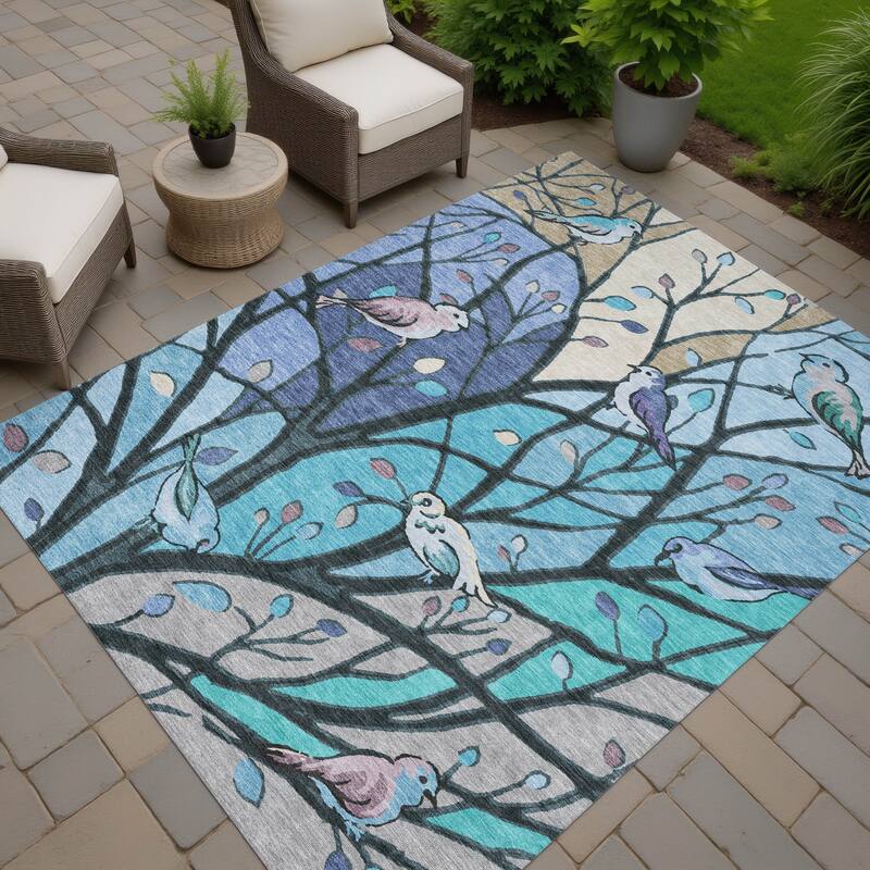 Machine Washable Indoor/ Outdoor Bird Mosaic Chantille Rug - Blue - 9' x 12'