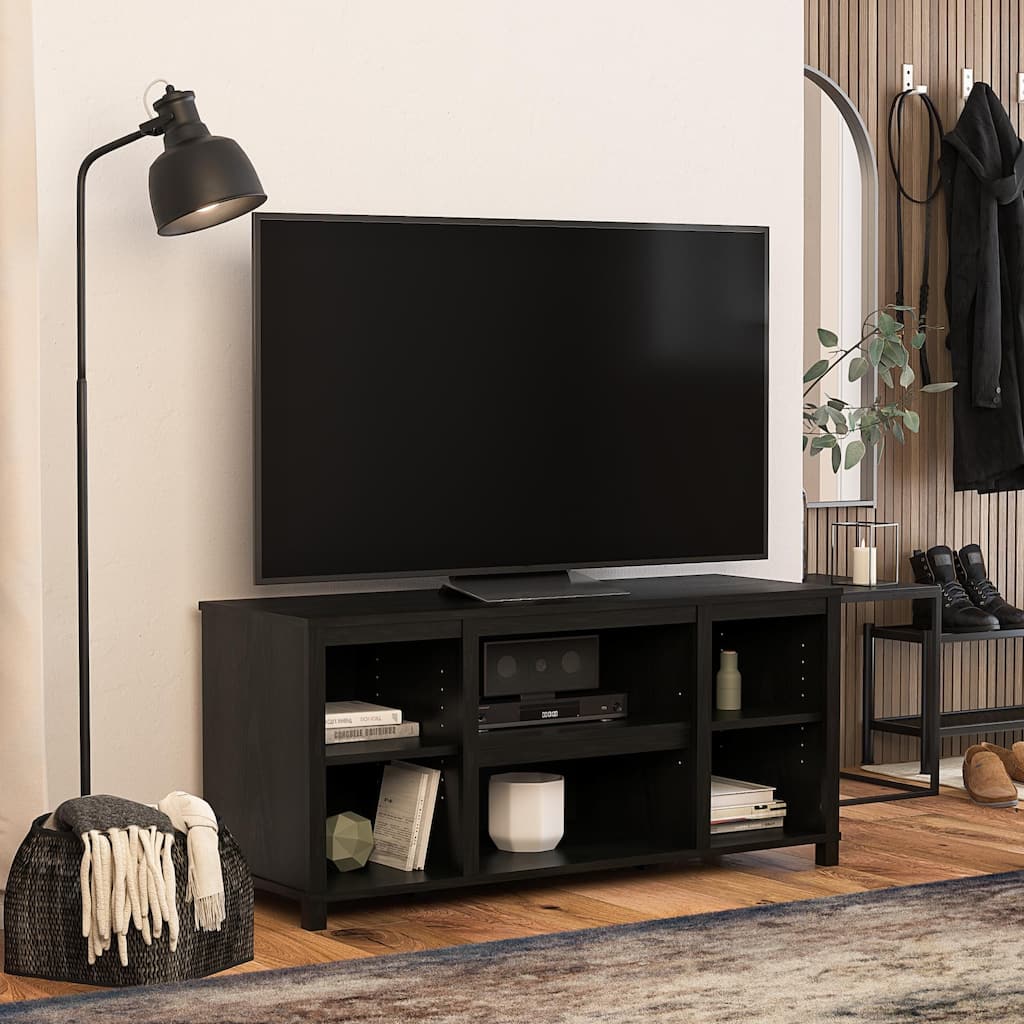 Roomfitters Parsons TV Stand for TVs up to 50 Inches, Open Shelving Storage Console, Black Oak