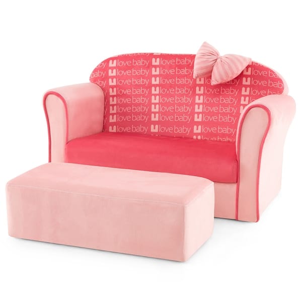 slide 2 of 9, Gymax Kids Double Sofa Velvet Upholstered Sofa Couch w/Footstool & Pink