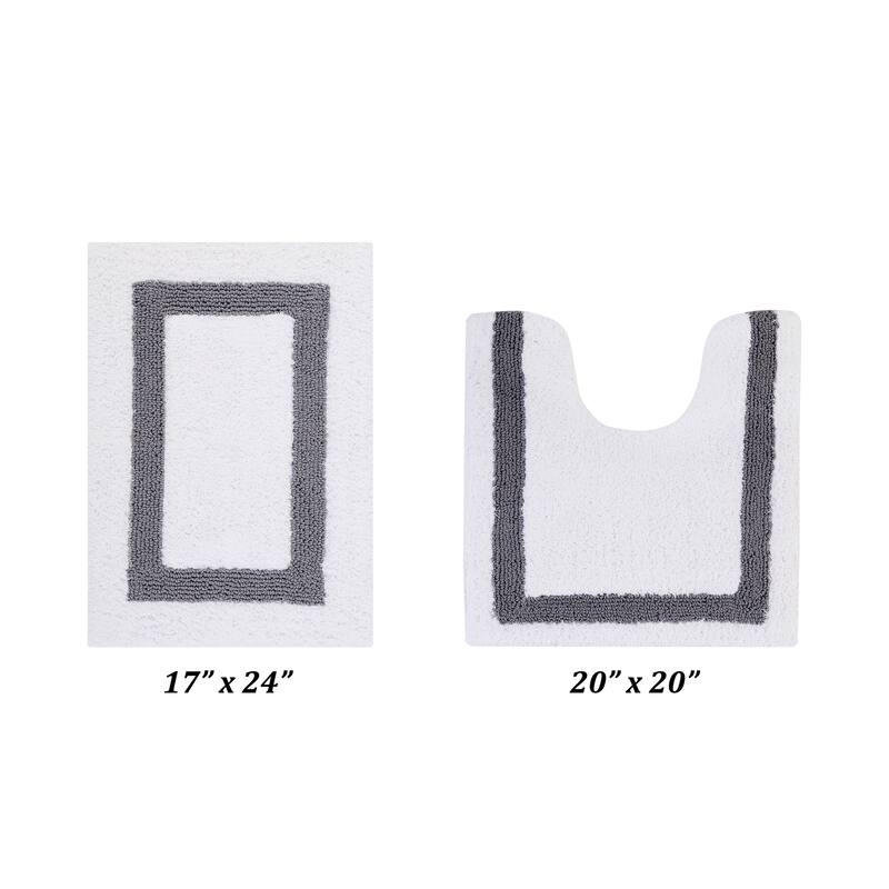 Better Trends Hotel Collection in Race Track 100% Cotton Super Absorbent Reversible Double Sided Machine Washable Bath Mat Rug - 2 Piece Set (17" x 24" | 20" x 20") - White & Gray
