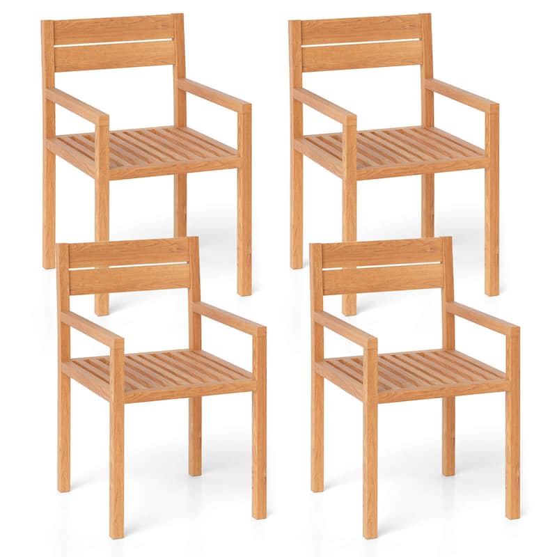 1/2/4 PCS Patio Teak Wood Dining Chair Outdoor Wooden Armchair - 4-Piece