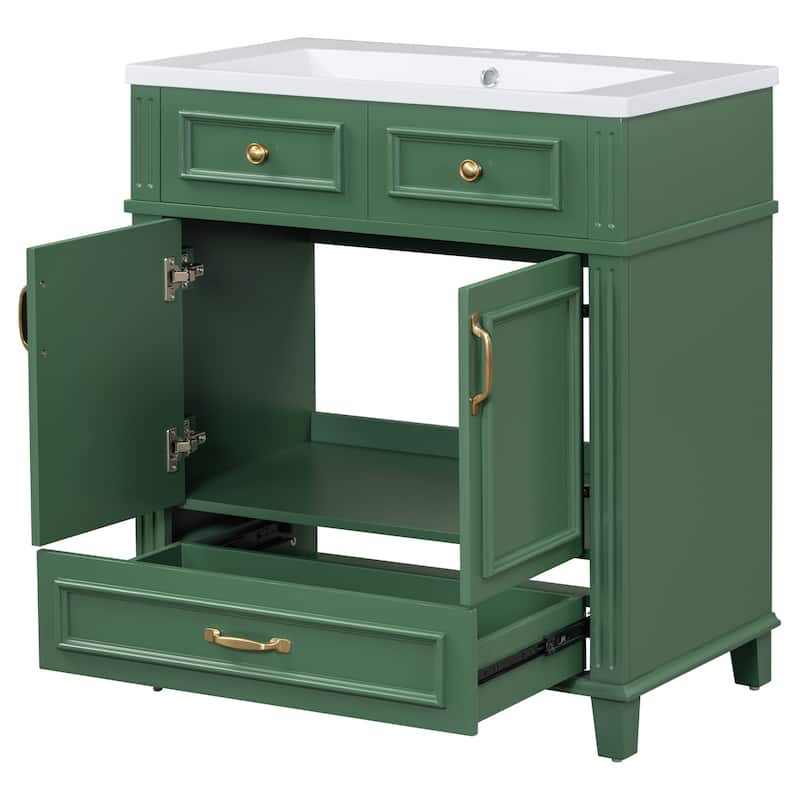Bathroom Vanity with Resin Sink, Freestanding Cabinet with Soft Closing Doors, Bathroom Storage Cabinet with Bottom Drawer