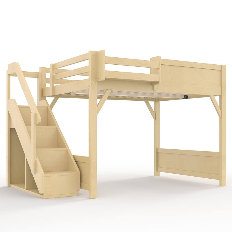 Full/Twin Loft Bed with Built-in Wardrobe, Storage & Stairs - Solid Wood, Full-Length Guardrails, No Box Spring