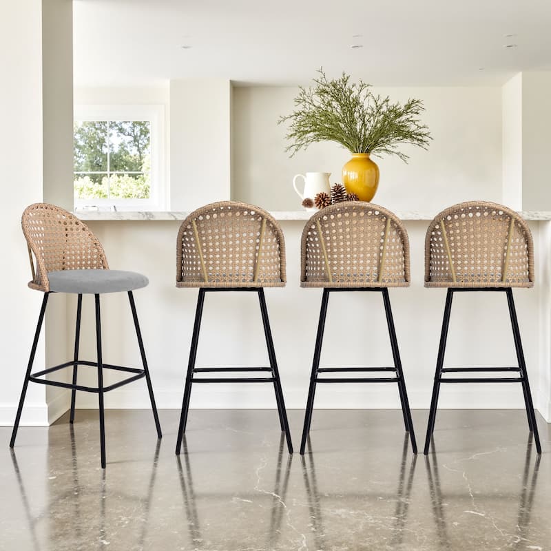 29" Upholstered Swivel Bar Stools with Rattan Back