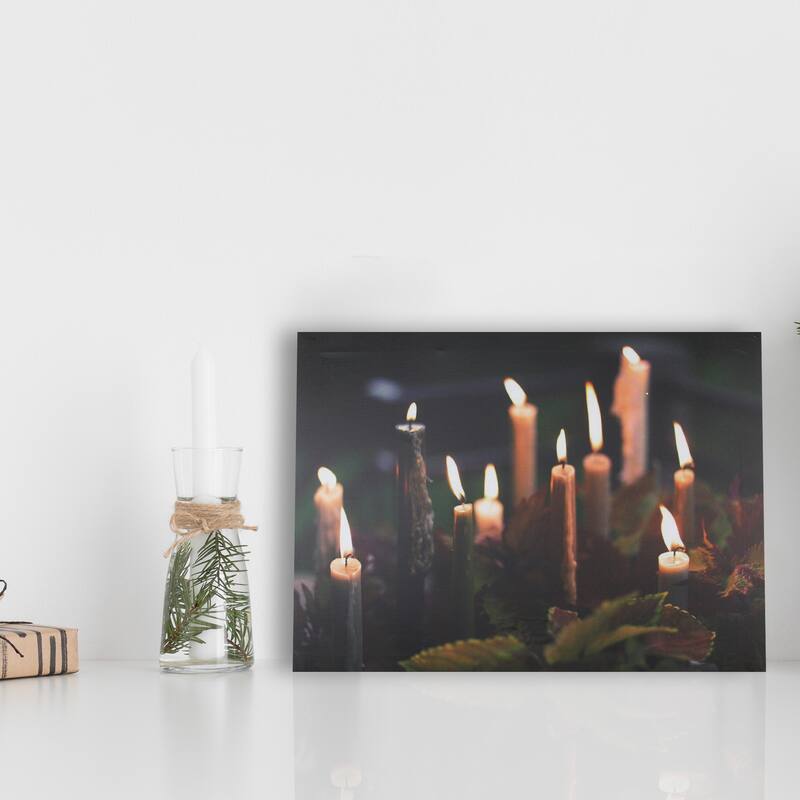 LED Lighted Candles with Fall Leaves Canvas Wall Art 11.75 x 15.75