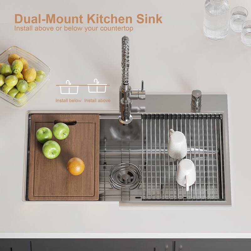 HOROW Drop-in Stainless Steel 33 in. Workstation Ledge Topmount Kitchen Sink 18-Gauge 2-Hole Single Bowl with Integrated Ledge