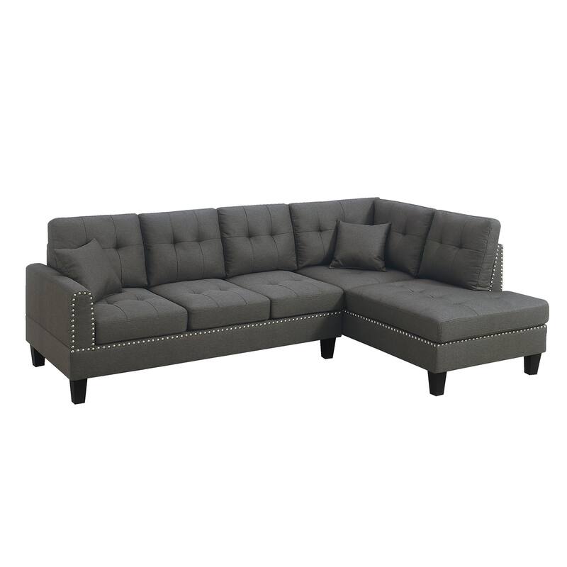 2 Piece Linen-like Fabric Sectional Sofa Set with 2 Accent Pillows - Dark Coffee