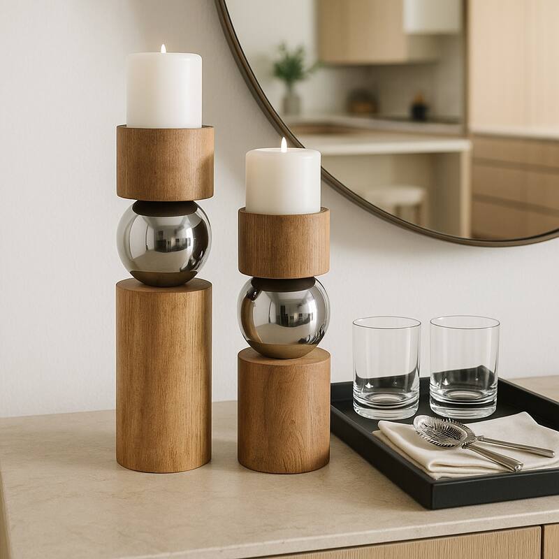 Candle Holders Set of 2 - Tan Wood Iron Sphere, 11/13" - 13.0"