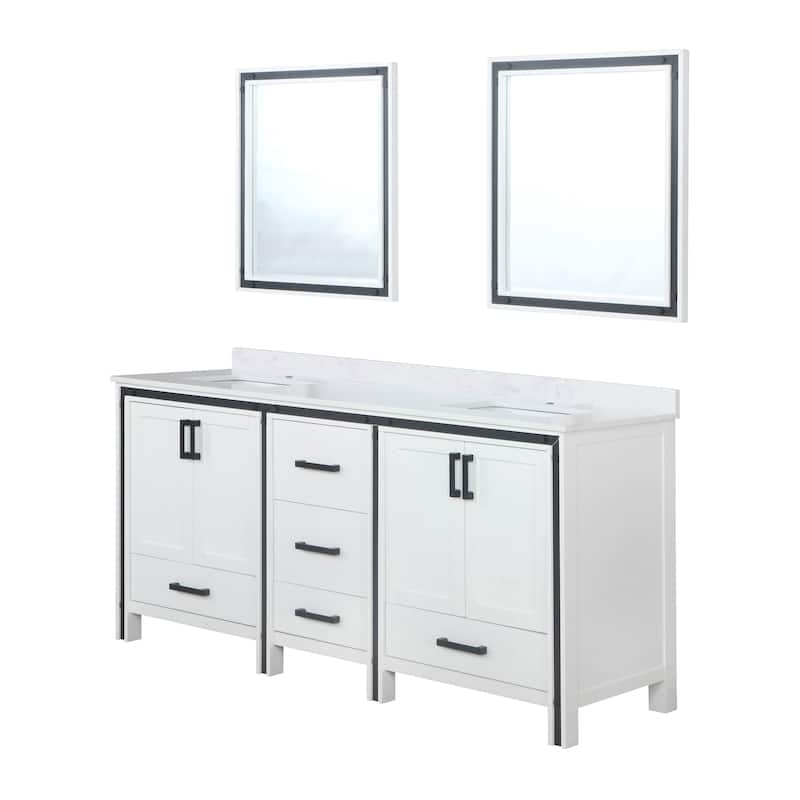 Ziva 72 in W x 22 in D White Double Bath Vanity, White Quartz Top and 30 in Mirrors
