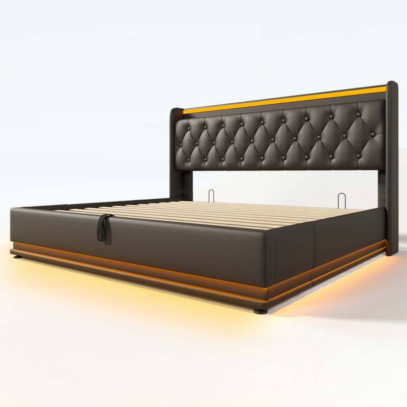 Classic Upholstered Bed with 360 LED Lighting,Hydraulic Storage,and USB Charging