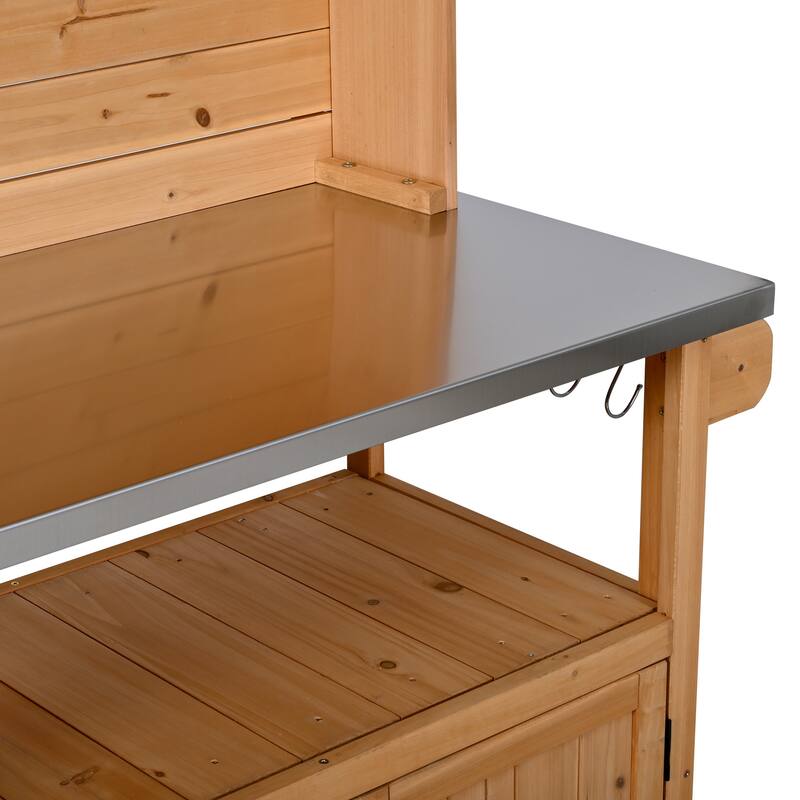 65" Outdoor Potting Bench with Stainless Steel Top, Rolling Garden Workstation with Hutch & Storage
