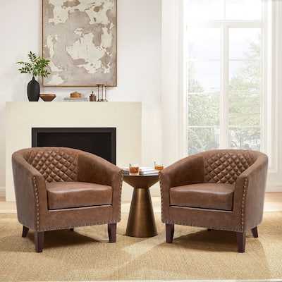 2 Set 29" W Vegan Leather Barrel Accent Chairs with Nailheads Trim