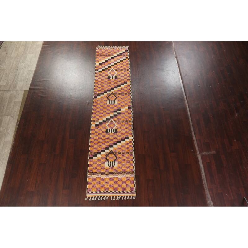 Checkered Modern Moroccan Oriental Runner Rug Hand-knotted Wool Carpet - 2'11" x 12'11"