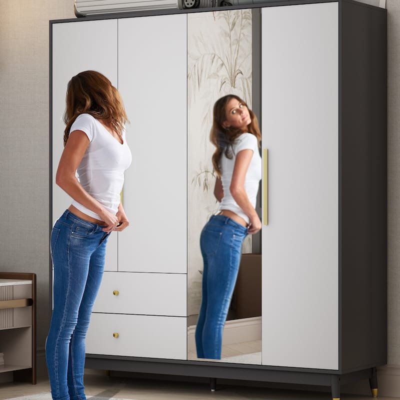 Wooden 2 Drawers 4 Doors Wardrobe Armoire With Mirror (Gray/Black)