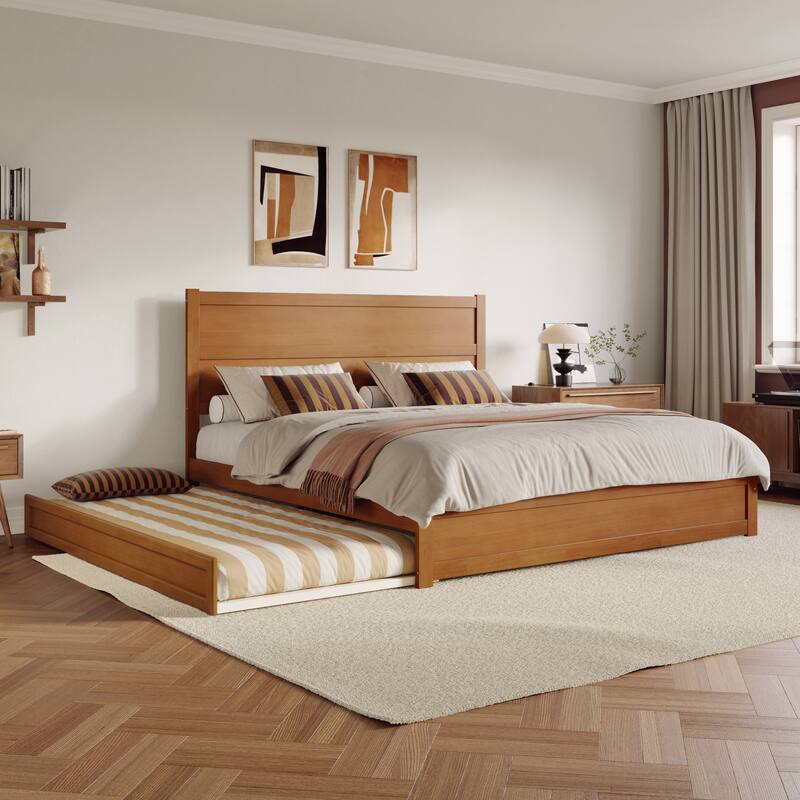Aveline Wood Platform Bed with Matching Footboard & Trundle - Light Toffee - King