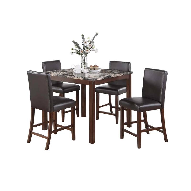 Wesley 5pc Dining Table Set, Black Faux-Leather, Faux Marble, Cherry Brown