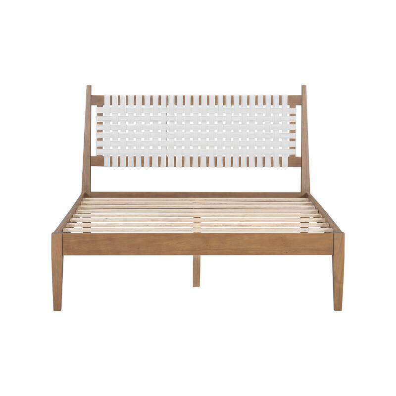 Queen Platform Bed with Woven White Leather Headboard and Natural Wood Frame